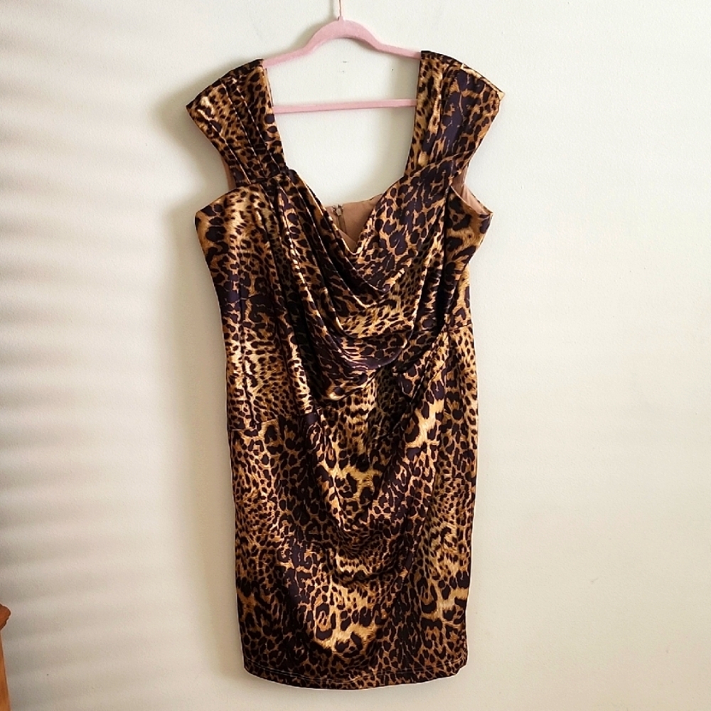 Tadashi Shoji Too Leopard Print Brown Black Cocktail Dress Womens 24 Sexy Date